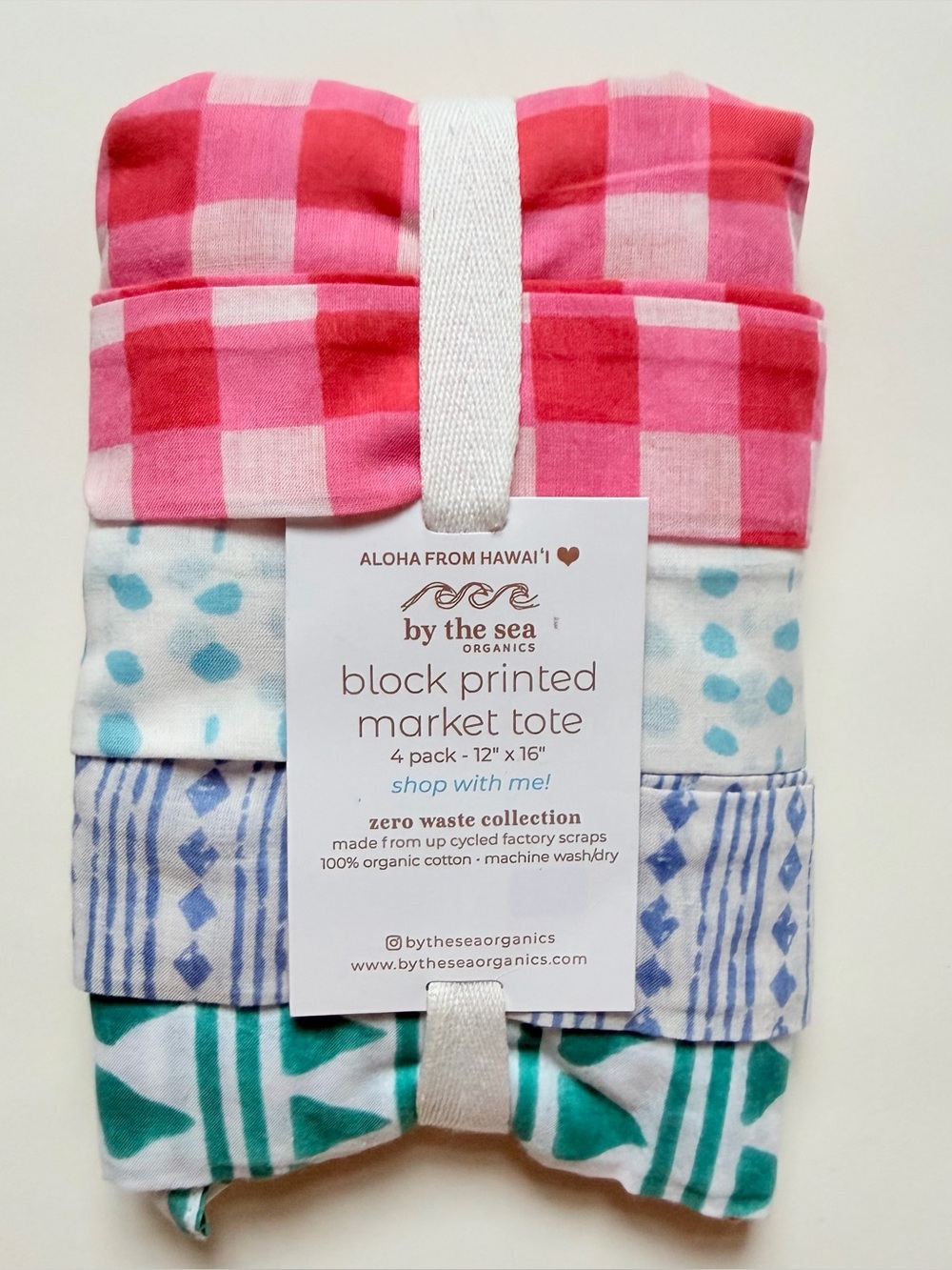 Set of 4 Block Printed Market Totes 100% Organic Cotton Upcycled USA Hawaii Made